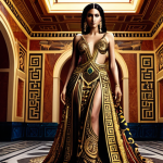 **Versace:** A powerful and sensual woman, embodying timeless beauty and luxury, standing in an opulent setting reminiscent of ancient Greek architecture. She wears a lavish gown with bold, intricate patterns, possibly incorporating Medusa-inspired motifs. The scene is bathed in rich, dramatic lighting with gold and deep jewel tones.