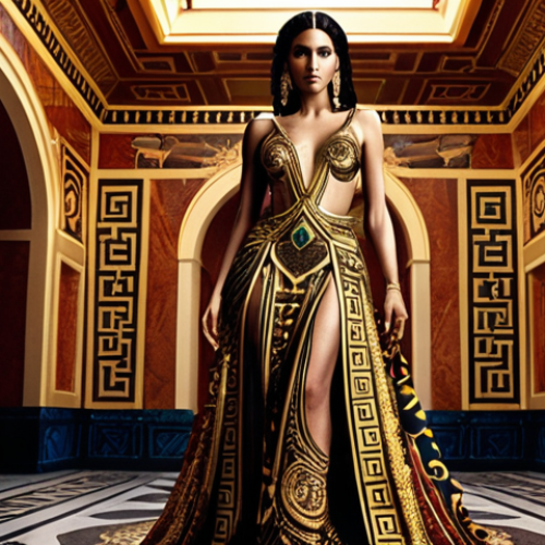 **Versace:** A powerful and sensual woman, embodying timeless beauty and luxury, standing in an opulent setting reminiscent of ancient Greek architecture. She wears a lavish gown with bold, intricate patterns, possibly incorporating Medusa-inspired motifs. The scene is bathed in rich, dramatic lighting with gold and deep jewel tones.