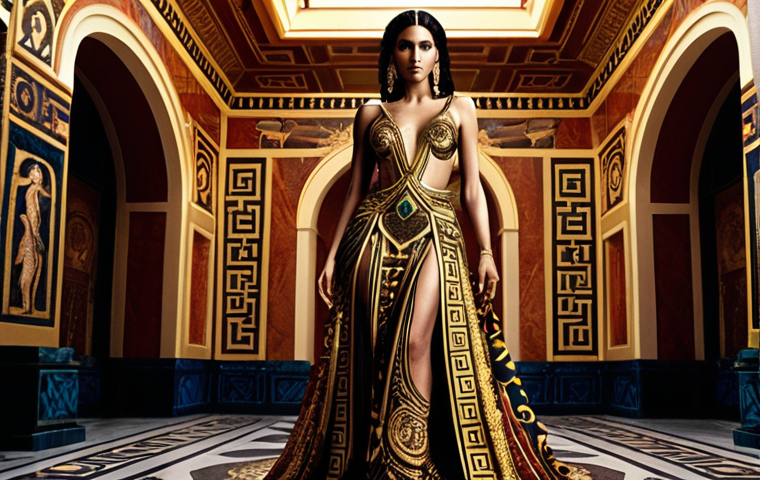 **Versace:** A powerful and sensual woman, embodying timeless beauty and luxury, standing in an opulent setting reminiscent of ancient Greek architecture. She wears a lavish gown with bold, intricate patterns, possibly incorporating Medusa-inspired motifs. The scene is bathed in rich, dramatic lighting with gold and deep jewel tones.