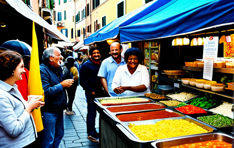 A bustling Italian street market, vibrant with diverse individuals of various ethnicities (Italian, African, Asian descent) in modest, contemporary casual wear, interacting around various food stalls. One stall features a creative fusion dish like a pasta with subtly incorporated international spices, while another sells delightful street food. People are smiling, engaging in friendly conversation, and enjoying the lively atmosphere. The market is clean and well-organized, with colorful fresh produce. Perfect anatomy, correct proportions, natural poses, well-formed hands, proper finger count. Professional photography, high quality, vibrant colors, soft natural lighting. safe for work, appropriate content, fully clothed, family-friendly.