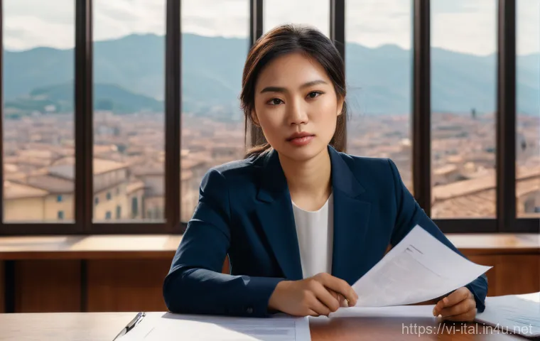 이탈리아어 법률 및 계약 용어 - A young Vietnamese woman in her late 20s, with a determined yet slightly overwhelmed expression, is ...