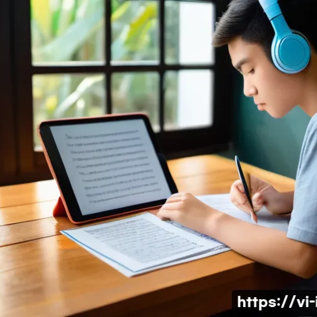 이탈리아어 사전 추천 및 활용법 - A cozy study scene in a Vietnamese home featuring a young adult learner sitting at a wooden desk wit...