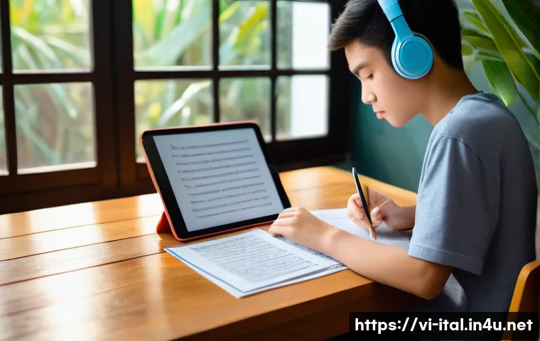 이탈리아어 사전 추천 및 활용법 - A cozy study scene in a Vietnamese home featuring a young adult learner sitting at a wooden desk wit...