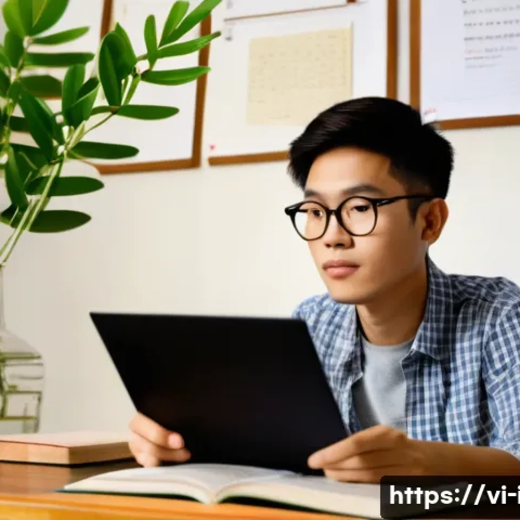 이탈리아어 독학 방법 추천 - A cozy indoor study scene featuring a young Vietnamese adult sitting at a wooden desk with an open I...
