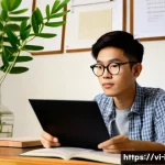 이탈리아어 독학 방법 추천 - A cozy indoor study scene featuring a young Vietnamese adult sitting at a wooden desk with an open I...