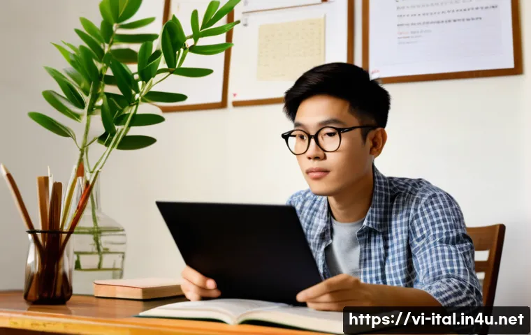 이탈리아어 독학 방법 추천 - A cozy indoor study scene featuring a young Vietnamese adult sitting at a wooden desk with an open I...