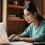 Home 21 이탈리아어 작문 연습법 - A cozy study scene featuring a young Vietnamese adult sitting at a wooden desk near a window with so...