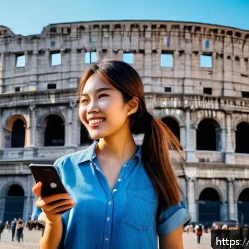 Home 31 이탈리아어를 활용한 통번역 기술 - A modern Vietnamese traveler using a sleek smartphone with a friendly translation app interface, sta...