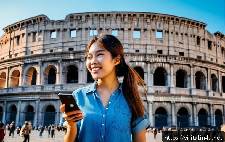 이탈리아어를 활용한 통번역 기술 - A modern Vietnamese traveler using a sleek smartphone with a friendly translation app interface, sta...