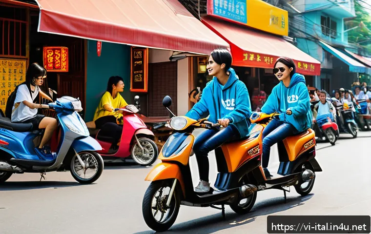 이탈리아어 유행어 및 신조어 - A vibrant urban scene in Vietnam showcasing diverse young people creatively using modern slang in th...