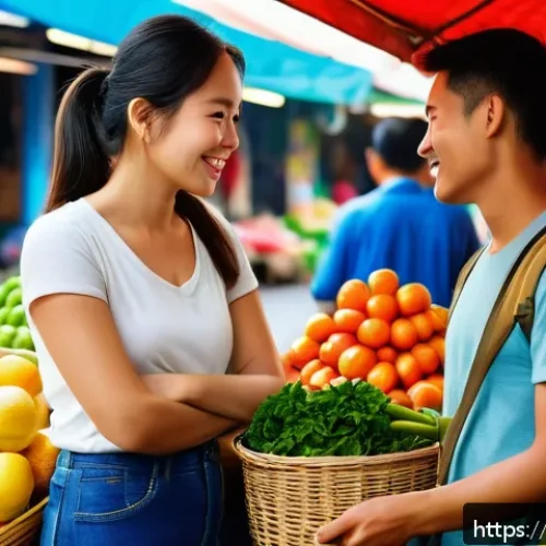 Home 17 이탈리아어 빠르게 배우는 법 - A vibrant Vietnamese street market scene with a young adult woman wearing casual clothing and speaki...