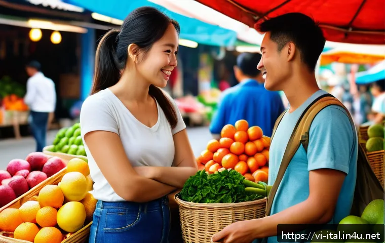 이탈리아어 빠르게 배우는 법 - A vibrant Vietnamese street market scene with a young adult woman wearing casual clothing and speaki...