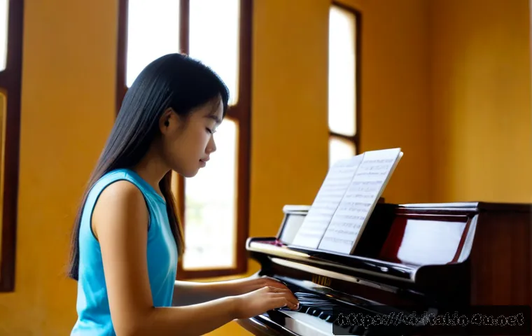 이탈리아어 음악 및 예술 용어 - Photorealistic Vietnamese music student in a bright Hanoi conservatory practice room, seated at an u...