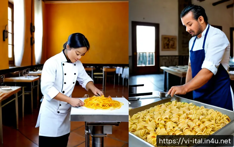 Home 17 이탈리아어 직업별 특수 용어 - Photorealistic split-scene of Italian workplace professions for Vietnamese learners: a chef in a spo...